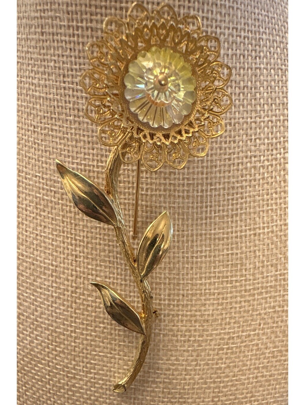 Estate Gold Tone Flower Stem Brooch Pin Oval Rhinestone